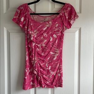 New York & Company Pink and White Ruched Blouse